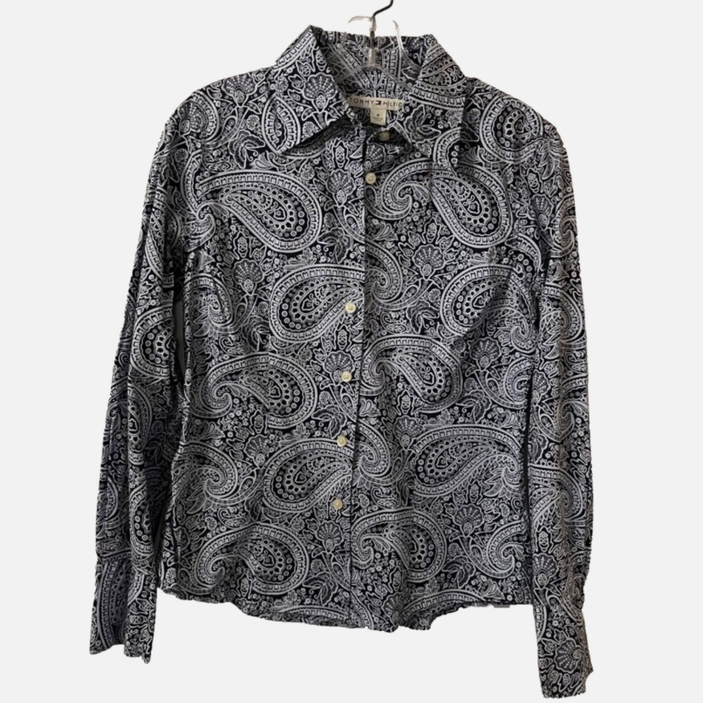 Tommy Hilfiger Paisley Button Front Shirt 8 Blue Paisley Long Sleeve Cotton